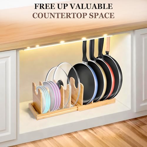 Bamboo Expandable Pot Lid Organizer, Pots and Pans Holder Rack for Cabinet