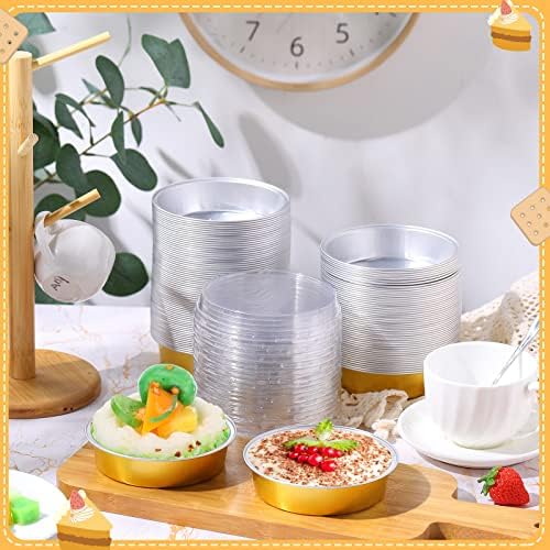 Yinder 120 Pcs 8 oz Disposable Creme Brulee Ramekins with Lids, 4 Inch Mini Pie Tins Aluminum Foil Pie Tart Cake Baking Pans Individual Round Containers Oven Safe (Gold)