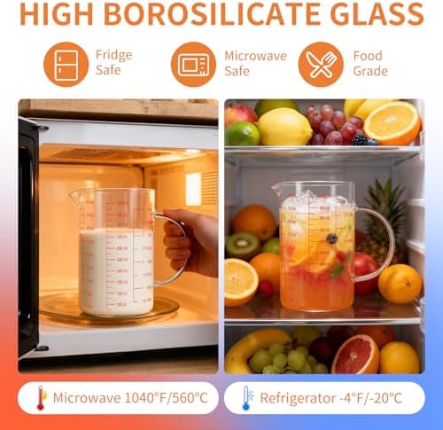 Luvan 34OZ/1000ML Glass Measuring Cup, 4 Cup Glass Measuring Cups With 3 Scales (Ml/Oz/Cup), High Borosilicate Measuring Cup With Handle and V-Shaped Spout, Dishwasher/Freezer/Microwave Safe