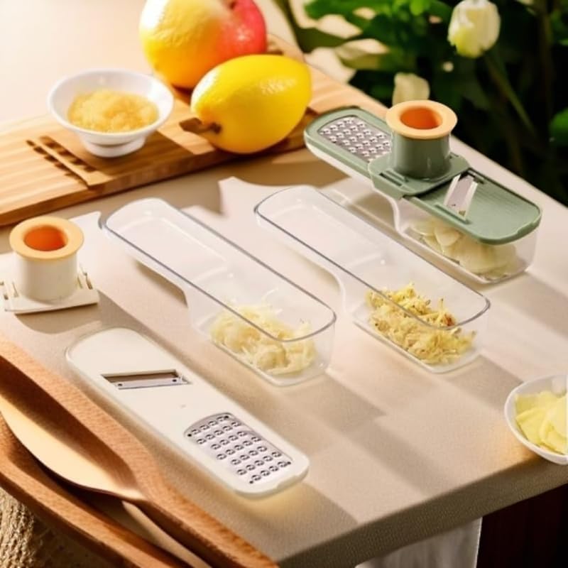 New Mini Garlic Slicer: 3 in 1 Multi-Functional Mandoline Slicer, Garlic Ginger Grinder & Veggie Shredder with Container and Hand Guard