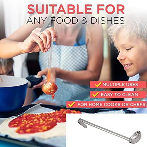 Fit Meal Prep [2 Pack] 2 oz Stainless Steel Soup Ladle, One-Piece Sauce Spatula with Hook Handles, Commercial Grade Serving Spoon, Kitchen Tool for Restaurant or Home Cooking, Mirror Finish, 12" Long