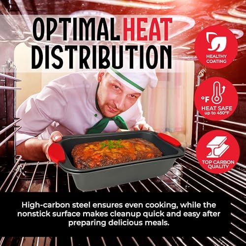 PERLLI Nonstick Meatloaf Pan with Drip Tray Insert – High-Carbon Steel Bakeware with Silicone Grips – Ideal for Baking Bread, Cake, and Roasting Meat in the Oven - 2-Piece Set