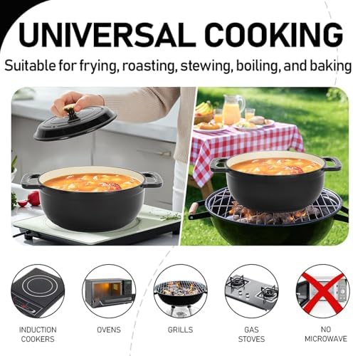 Bonnlo Round Dutch Oven, Enameled Cast Iron Dutch Oven Pot with Lid & Dual Handles, Oven Safe Up to 500° F, for Sourdough, Bread Baking, Stews and Roasting (Black, 5 Quart)