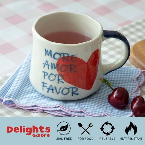 16oz Hand-painted Heart and Stripe Ceramic Mug Set of 4, Large Capacity Tea Milk Coffee Cups, Romantic Valentine Birthday Housewarming Gift for Women Coffee Lovers, Microwave & Dishwasher Safe