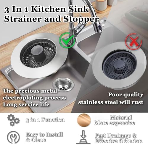 BAOLSLS 3 in 1 Kitchen Sink Stopper, Pop Up Kitchen Sink Drain Strainer