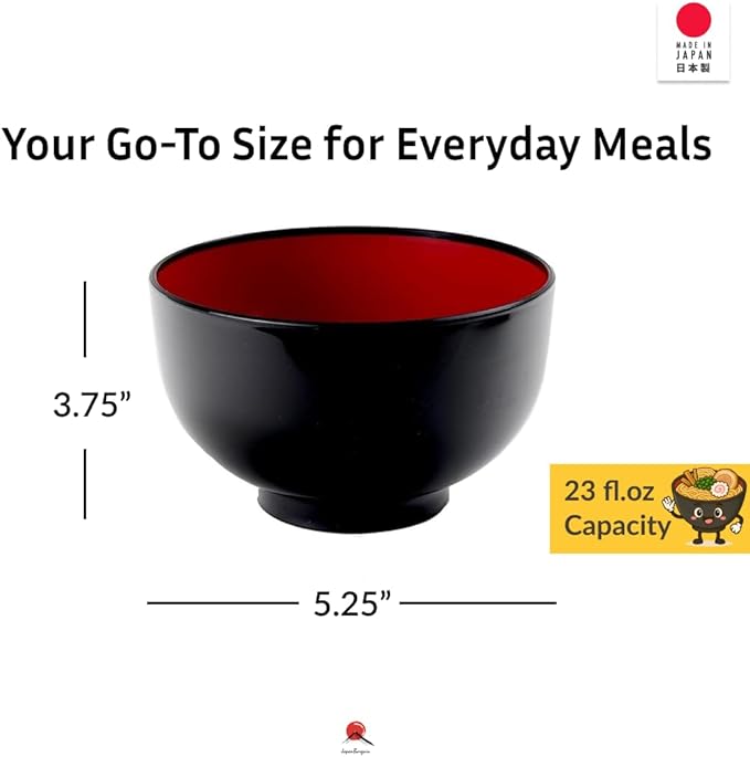 JapanBargain, 2-Pack Authentic Japanese Plastic Ramen Bowl, Black and Red Lacquered Style Noodle Soup Bowl, Made in Japan, Food Safe BPA Free, Microwave and Dishwasher Safe, 23oz