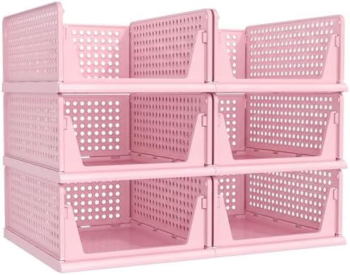 Pink Girl Closet Organizers and Storage Stackable Plastic Drawer Basket for Clothing Stackable Storage Bins Shelf Storage Container for RV Closet Wardrobe Bedroom Bathroom Playroom 6 Pack