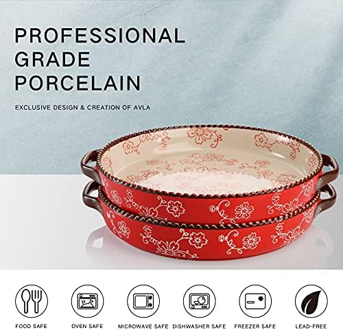AVLA 2 Pack Ceramic Pie Pan, 9 Inch Round Baking Dish with Double Handle, 28 Ounce Deep Quiche Plate for Kitchen, Cooking, Roasting Lasagna (Sakura, Red)