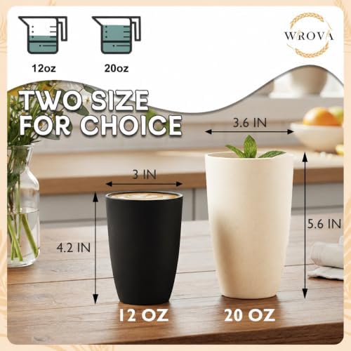 Wrova Wheat Straw Cups Set of 6, 12 OZ Plastic Cups Reusable Kitchen Cups,Dishwasher Safe Water Cups for Kids, Unbreakable Drink Cups for Juice,Ice Coffee,Tea- Black & Gray
