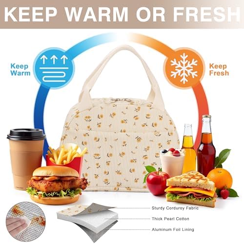 TESAFNG Lunch Bag - Insulated Lunch Box for Women, Reusable Large Capacity Cooler Bag for Adult, Small Leakproof Cute Corduroy Lunch Tote for Work Office Travel Picnic (Corduroy Chrysanthemum)
