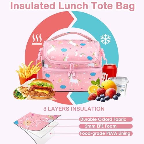 FlowFly Kids Double Decker Cooler Insulated Lunch Bag Large Tote for Boys, Girls, Men, Women, With Adjustable Strap, Unicorn