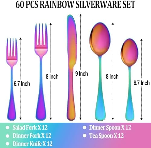 60 Pcs Rainbow Silverware Set Service for 12,Stainless Steel Flatware Serving Sets,Kitchen Tableware Set,Utensil Set for Home and Restaurant,Knives Forks Spoons Set,Mirror Polished,Dishwasher Safe