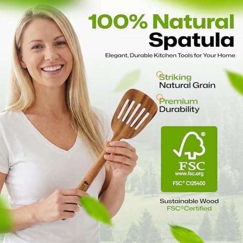 AIUHI Natural Teak Slotted Spatula, Ergonomic Long Handle Cook Spatula, Heat‑Resistant Food‑Grade Wooden Turner for Home Kitchen Daily Cooking