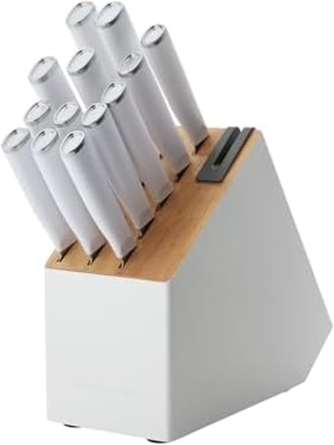 KitchenAid Classic Slim Knife Block Set with Built-In Knife Sharpener, High Carbon Stainless Steel Kitchen Knives, Sharp Kitchen Knife Set with Block, 14-Piece, White