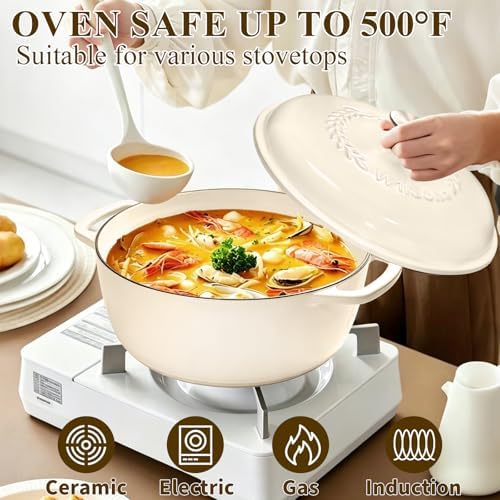 Enameled Cast Iron Dutch Oven Pot with Lid - Wildone 6QT Dutch Oven for Bread Baking, Braising, Stews, Roasting, Across All Cooktops, Oven Safe up to 500° F, Cream White