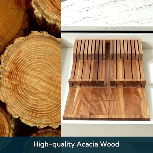 KITCHENDAO Acacia Wood In-Drawer Knife Block for 16 Knives & Sharpening Rod
