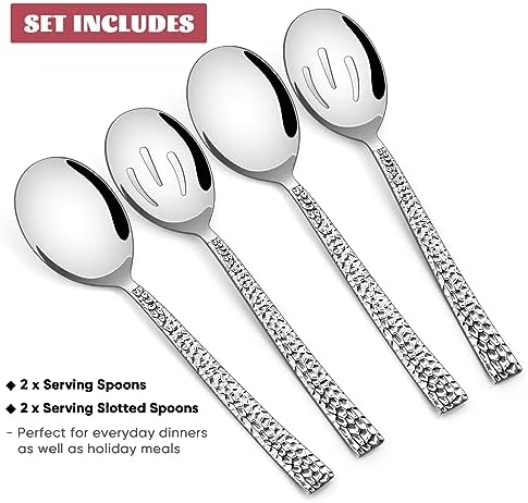 E-far Hammered Serving Spoons, 4-Piece Stainless Steel Serving Utensils Set Includes Slotted & Solid Spoons, Metal Hostess Tablespoons for Catering Buffet Party Kitchen Restaurant