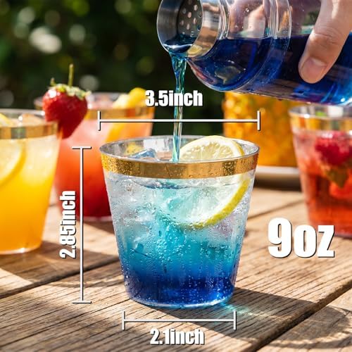 I00000 200 Pack Gold Plastic Cups, 9 OZ Elegant Gold Rimmed Plastic Cups