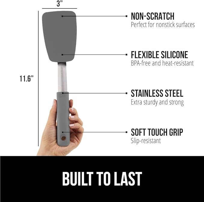 GORILLA GRIP Food Grade Flexible Silicone Spatula, Heat Resistant Head for Nonstick Frying Pan, Patented Soft Rubber Handle for Comfort, Non-Scratch Kitchen Turner, Flip Eggs Burgers, 11.6 in, Gray