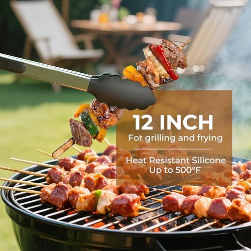 Stainless Steel&Silicone Food Tongs Set of 2 (9+12 Inch)-BPA-Free&Non-Toxic Heat Resistant Non-Scratch BBQ&Cooking Tools,Strong Grip Locking for Grilling,Air Fryer,Salad,Dishwasher Safe