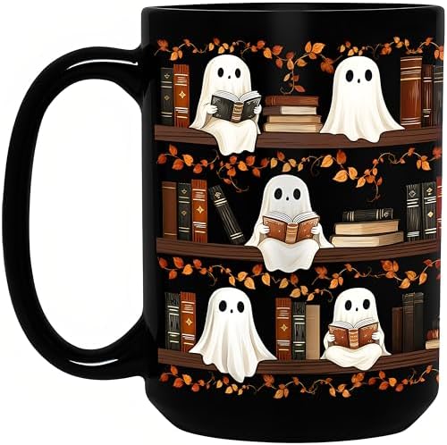 Halloween Ghost Reading Coffee Mug, Bookshelf Tea Cup, Black, 15oz