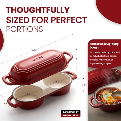 Double Dutch Oven for Bread Baking,Mini Cast Iron Sourdough Loaf Pan(Red)