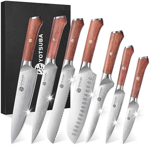 YOTSUBA 7PCS Japanese Kitchen Knife Set with Genuine Natural Rosewood Ergonomic Handle & Gift Box, Professional Ultra Sharp High Carbon Stainless Steel Knives for Cooking