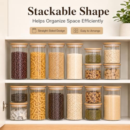 MOLFUJ 960 ML / 32 FL Oz Glass Storage Container with Wood Lid, Stackable Clear Decorative Organizer Bottle Canister Pantry Jar with Air Tight Wooden Lid for Food, Coffee, Candy, Sugar, Salt, Tea