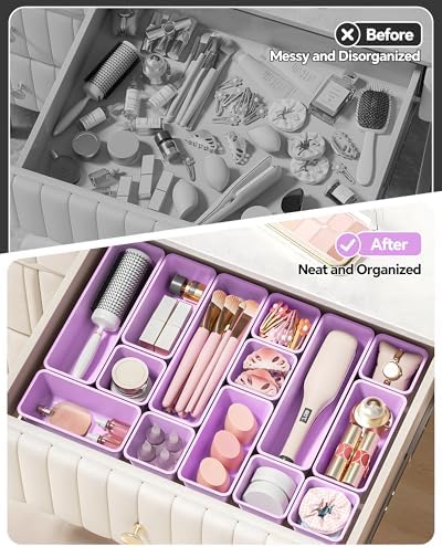 Canfanni 13 Pack Plastic Drawer Organizers Set, 3 Sizes Desk Drawer Organizer Trays for Vanity and Makeup Organizer, Organization and Storage for Makeup, Kitchen Utensils, Bathroom and Office(Purple)
