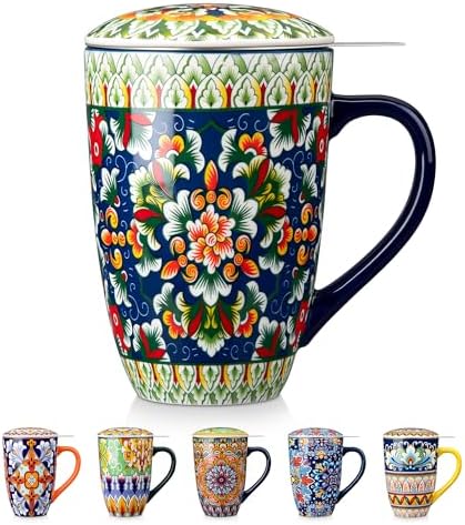 vancasso Ceramic Tea Mug with Infuser and Lid, 18 Ounce Bohemian Loose Leaf Cup, Microwave & Dishwasher Safe, Perfect for Tea, Coffee, Sage-Scarlet Floral