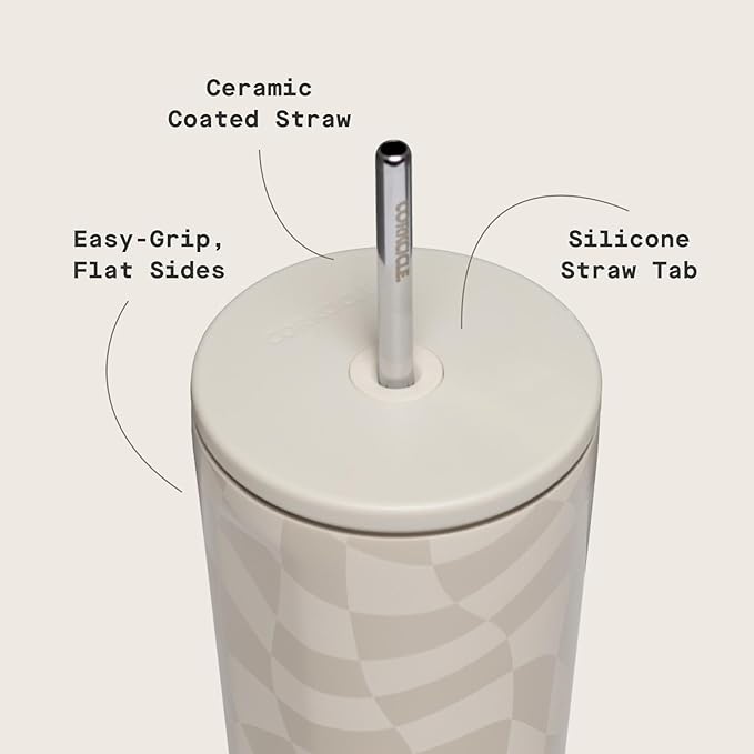 Corkcicle Cold Cup - Triple Insulated Tumbler with Straw - 12 Hours Cold - Leak-Resistant Lid - Easy Grip - Non-Slip Bottom - Summer Drinkware Gift - Keeps Drinks Ice Cold - 24 oz - Wavy Checkerboard