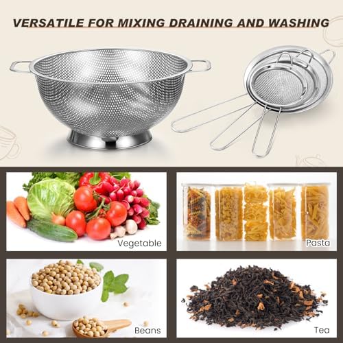 Norme 5 Quart Silver Colander and 3 Metal Fine Mesh Strainer Set