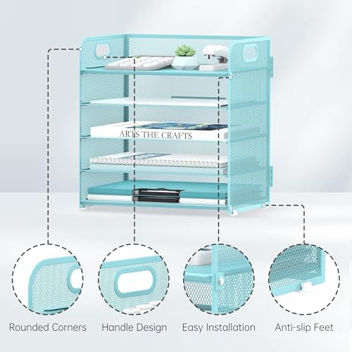 SUPEASY 2 Pack 5-Tier Blue Desk Organizer with Handle Mesh Desk File/Paper Organizer Letter Tray for Office, School and Home Easy Installation