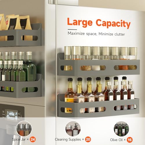 Sevenblue 4-Pack Magnetic Spice Rack for Refrigerator with Hooks, Grey