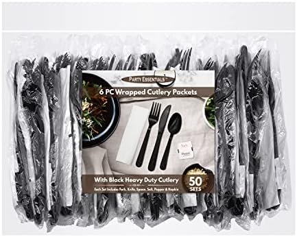 Party Essentials Individually Wrapped Plastic Cutlery Packets/Heavy Duty Silverware Kits, Fork/Spoon/Knife/Napkin/Salt/Pepper, 50 Utensils Sets, Black