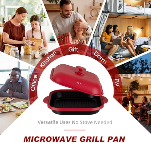 Microwave Grill Pan with Cover | Microwave Bacon Cooker | Griller & Crisper Pan for Grilling, Frying, Browning and Crisping | Microwave Cookware for Grill Meat | Dishwasher Safe for Dorms,Office,RV