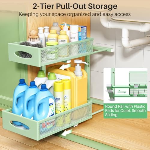Under Sink Organizer, 2 Tier Pull out Cabinet Organizer Baskets with Mesh Sliding Drawers, Slide out Storage Shelf for Home, Kitchen, Bathroom, Pantry, Office Cabinet(1 Pack, Green)