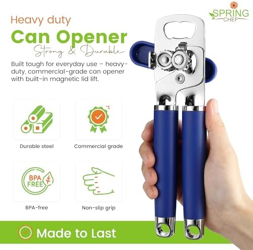 Spring Chef Stainless Steel Manual Can Opener w/Soft Grip Handle, Sapphire