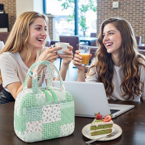 WOBAGMEN Quilted Lunch Box for Women,Coquette Aesthetic Lunch Box,Cute Green Patchwork Lunch Bags for Work,Office,Picnic,Travel(Green Patchwork)