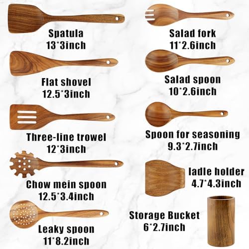 FJNATINH Wooden Spoons for Cooking, 10 Pcs Teak Wooden Cooking Utensil Set with Holder, Wooden Kitchen Utensils Set for Nonstick Pans & Cookware
