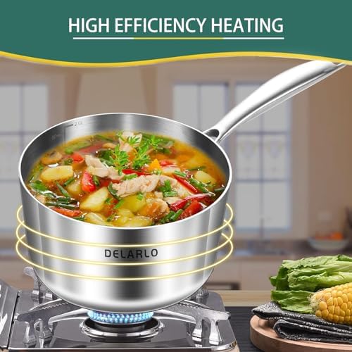 DELARLO Full-body Clad Tri-Ply Stainless Steel 3 Quart Saucepan with Lid