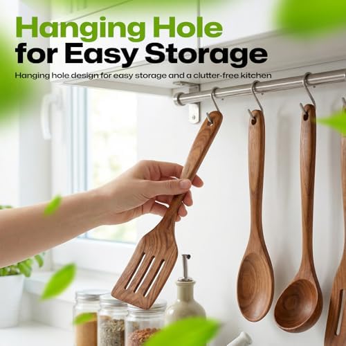 AIUHI Teak Wood Slotted Spatula, Wooden Spatula for Cooking, Non-Stick Safe Turner with Hanging Hole, Ideal for Flipping Pancakes, Burgers & Fish