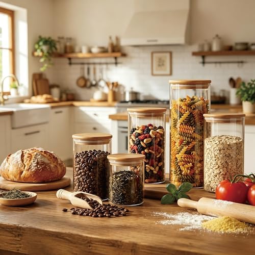 3 Pack 1200 ML / 40 FL Oz Glass Storage Container with Wood Lid, Stackable Clear Decorative Organizer Bottle Canister Pantry Jar with Air Tight Wooden Lid for Food, Coffee, Candy, Sugar, Salt, Tea