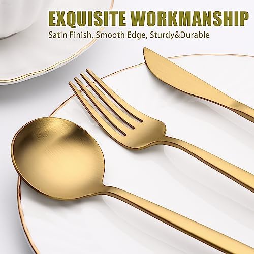 20 Piece Gold Silverware Set for 4, Terlulu Stainless Steel Flatware Set, Gold Cutlery Set Utensils Set, Tableware Include Forks Knives Spoons for Home Kitchen Restaurant Wedding, Satin Finish