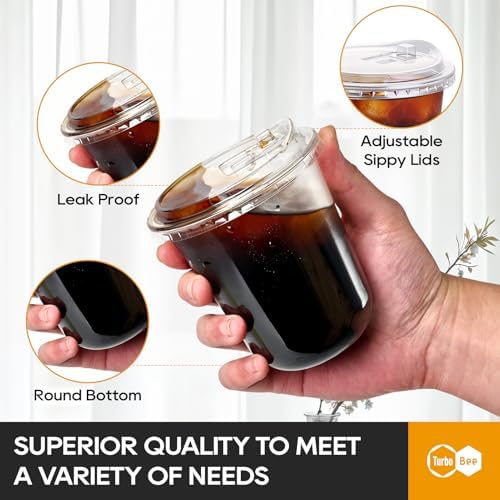 Turbo Bee 12 oz Plastic Cups with Lids, 50 Pack, Iced Coffee Cups with Lids