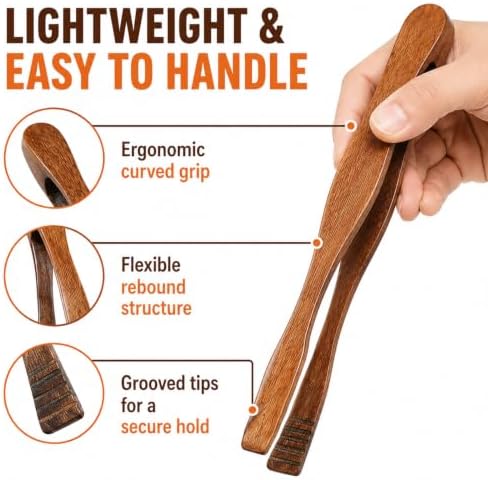 4 Pieces Wooden Toast Tongs 10.4" Reusable Bread Steak Kitchen Clamp Serving Tool Natural Wood Cooking Tong for Cooking and Holding Toast Cheese Bacon Muffin Fruits Bread BBQ