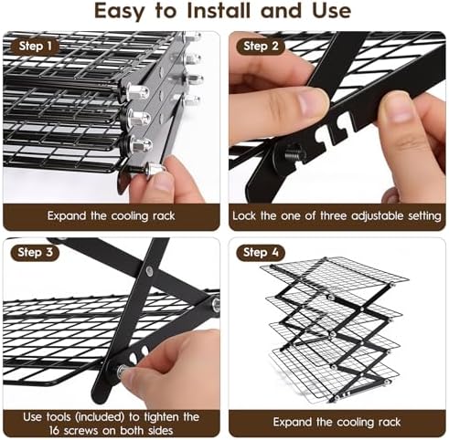 4 Tier Collapsible Cooling Rack - Upgraded Adjustable Heavy Duty Cooling Rack with 4 Setting Stackable Design - Space-Saving Folding Wire Bread Cookie Racks Cooling Baking Gifts for Women Black