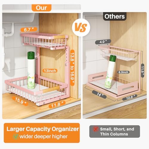 PXRACK Under Sink Organizer, Adjustable Height, 2 Tier Pull Out Under Cabinet Organizer, Slide Out Thickened Metal Under Sink Storage for Kitchen Bathroom Laundry Pantry Cabinet, Pink, Large-1-Pack