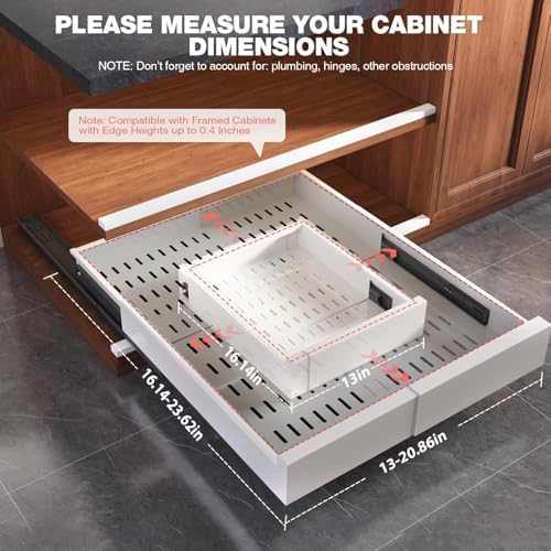 Seinloes Pull Out Cabinet Organizer,4-Side Expandable to Maximize Cabinet Space,Slide Out Drawers with 3 Rail Design,Roll Out Shelf with Raising Pad for Framed Cabinet,13"-21"W x 17"-24"D,White,2 Pack