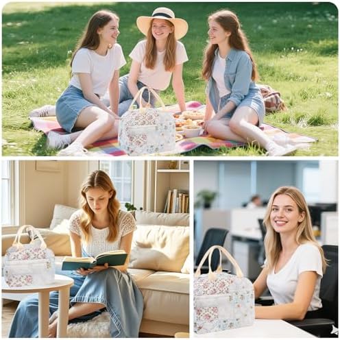 Cotton Quilted Insulated Lunch Bag, Reusable Quilted Floral Lunch Tote Bags